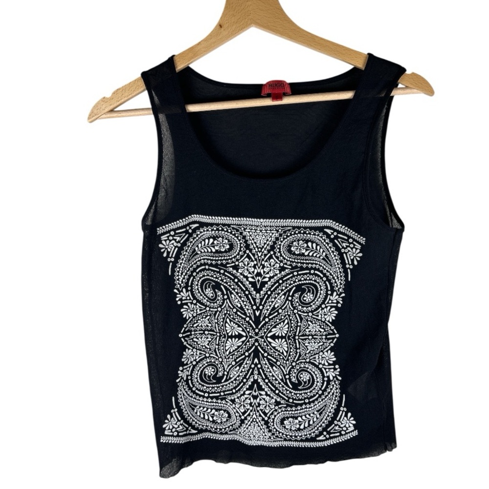 Vintage Hugo Boss Sheer Black Tank Top with Embossed White Pattern | size Small